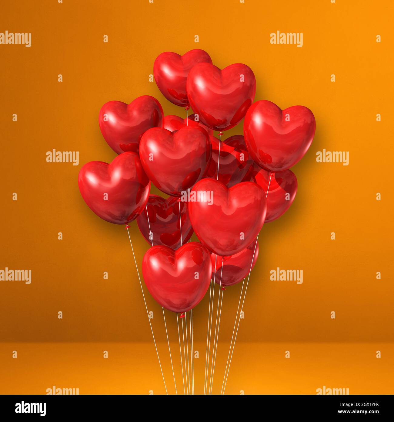 Red heart shape balloons bunch on orange wall background. 3D ...