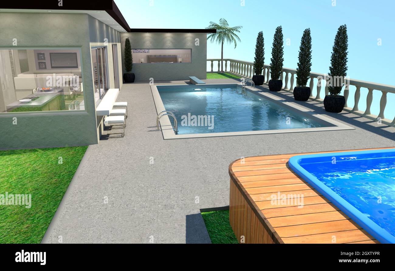 3D rendering of a luxury house and a pool outside Stock Photo - Alamy