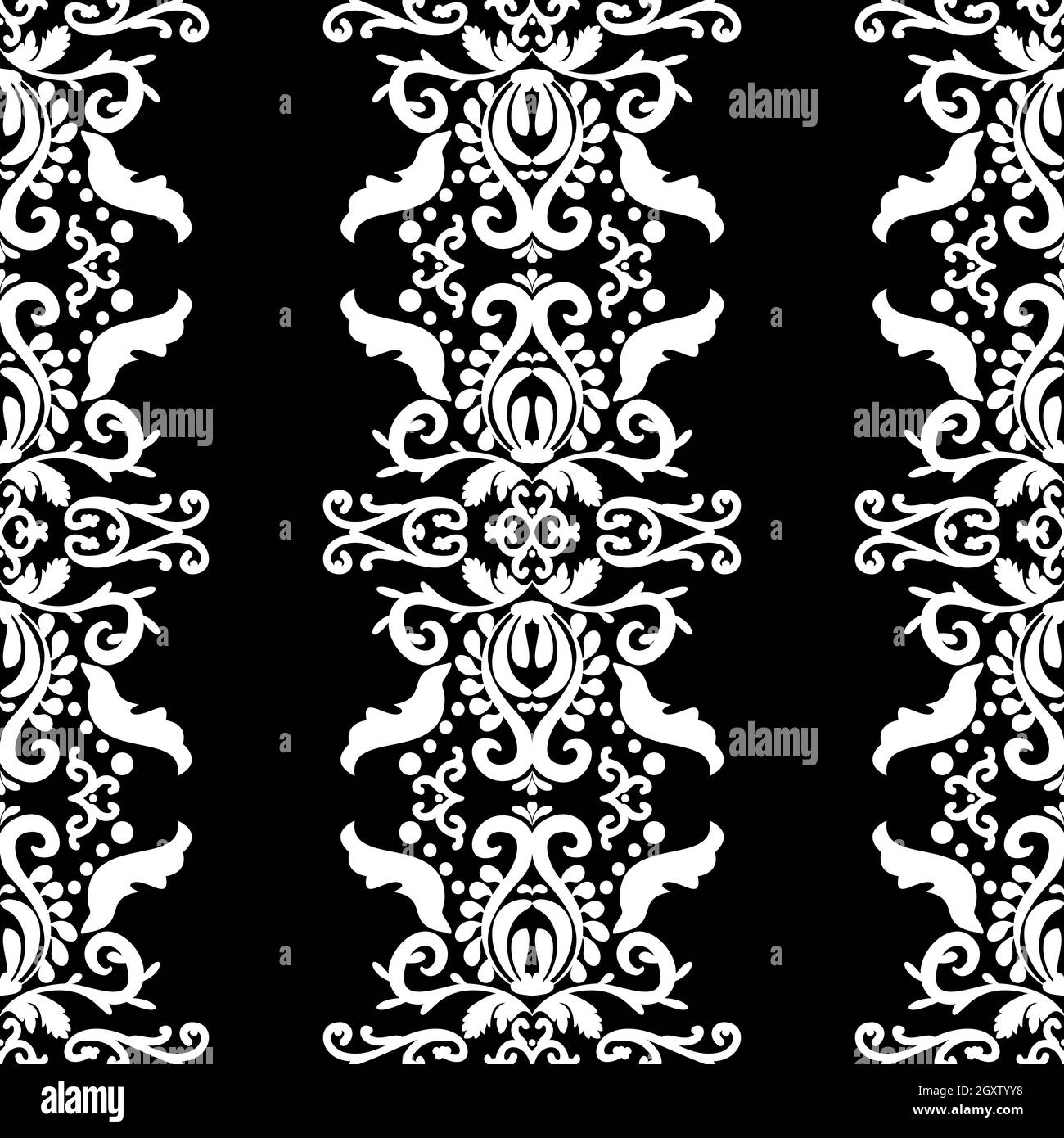 Ornate white pattern on a black background. Seamless pattern, vertical damask ornament. Lace pattern. Black and white color. Vector graphic vintage Stock Vector