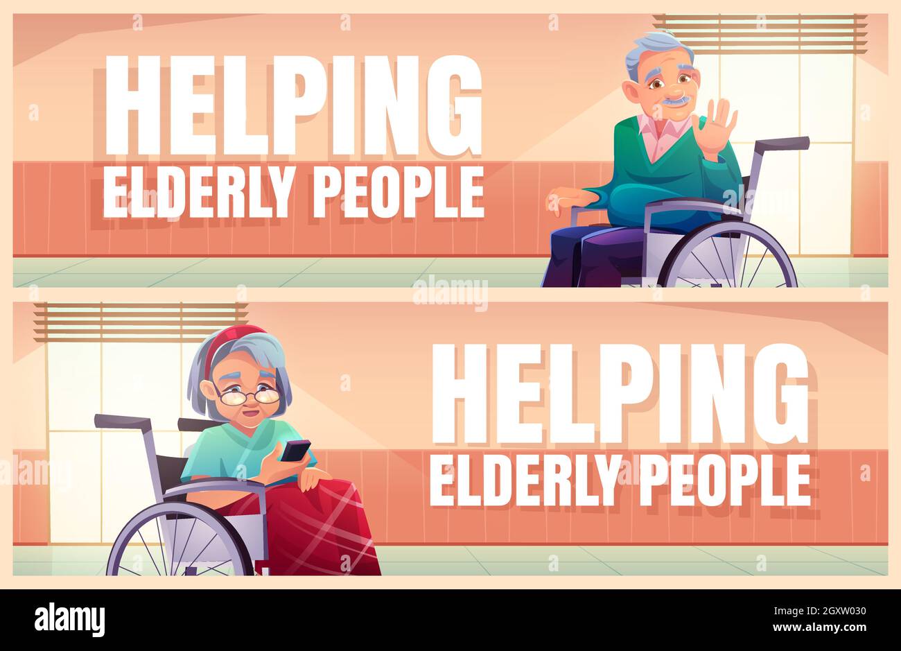 Helping elderly people cartoon banners, senior disabled man and woman on wheelchair in nursing home or hospital hallway. Old lady with mobile, grey haired pensioner waving hand, vector illustration Stock Vector
