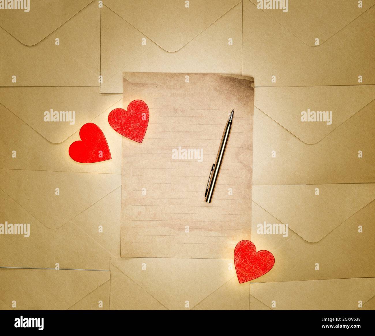 Love letter with red Hearts and Vintage antique paper with Copy space ...