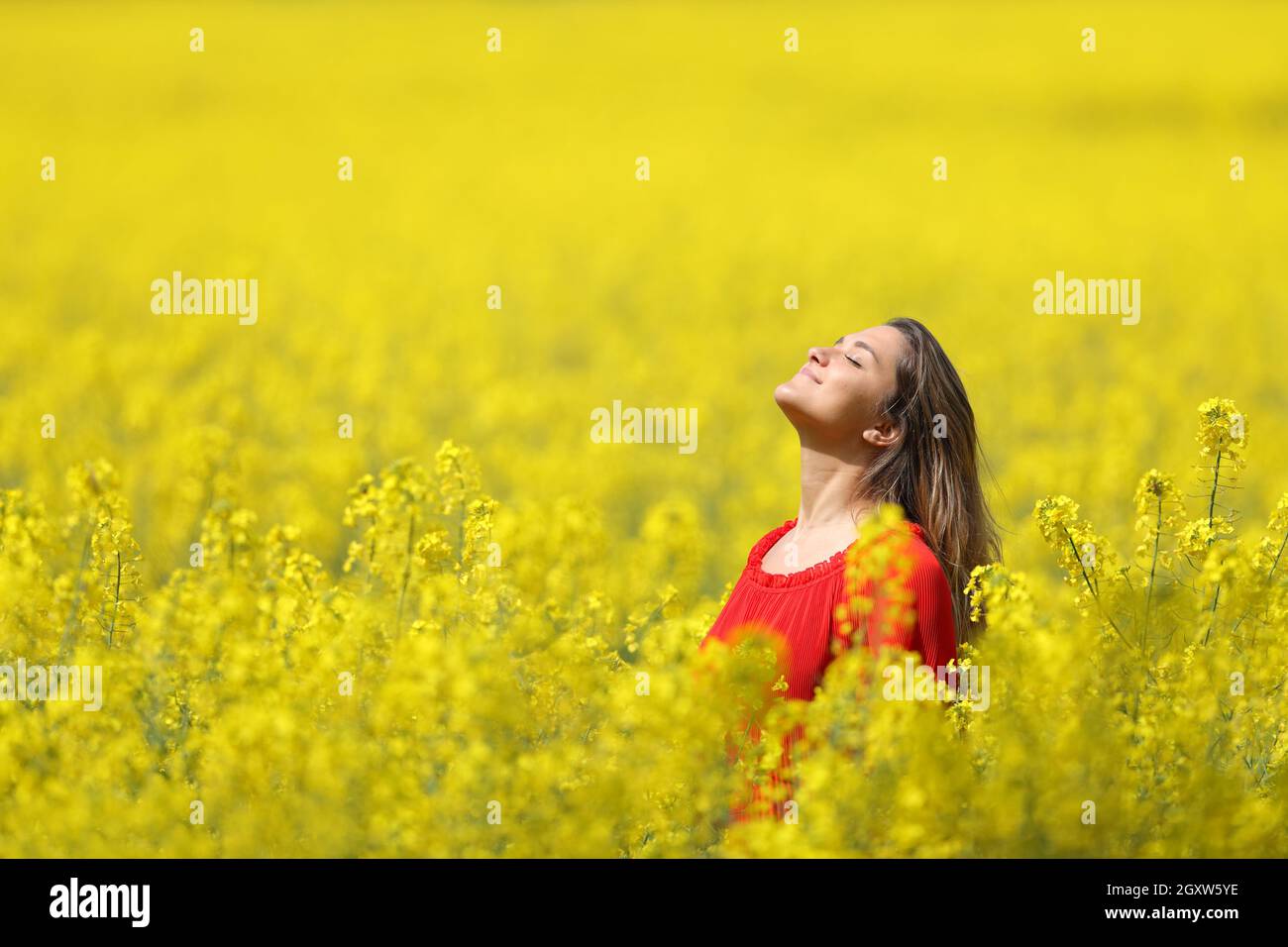Relaxed woman in red breathing fresh air in a yellow field in spring ...