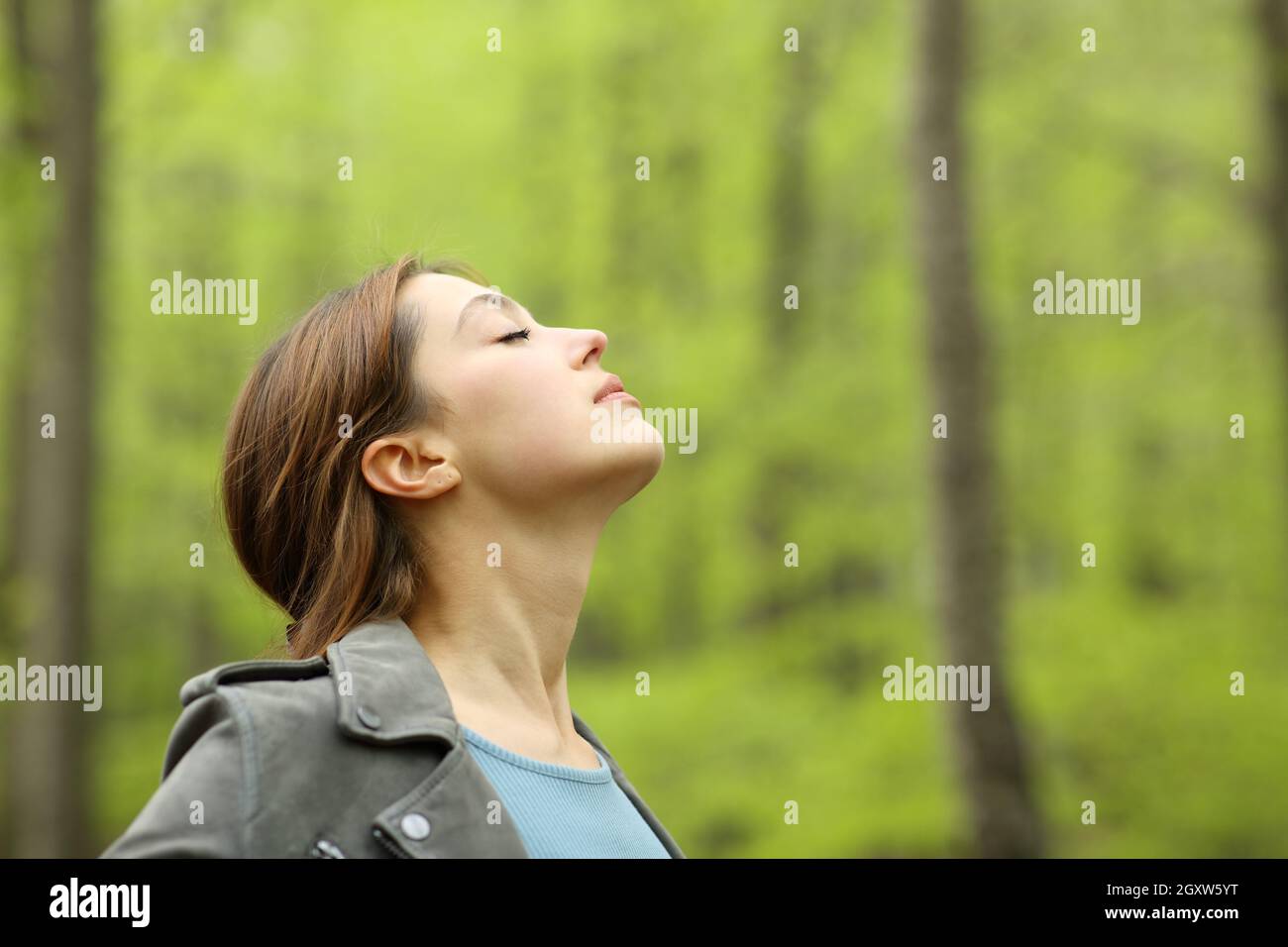 Profile of a relaxed woman breathing fresh air deeply in a green forest ...