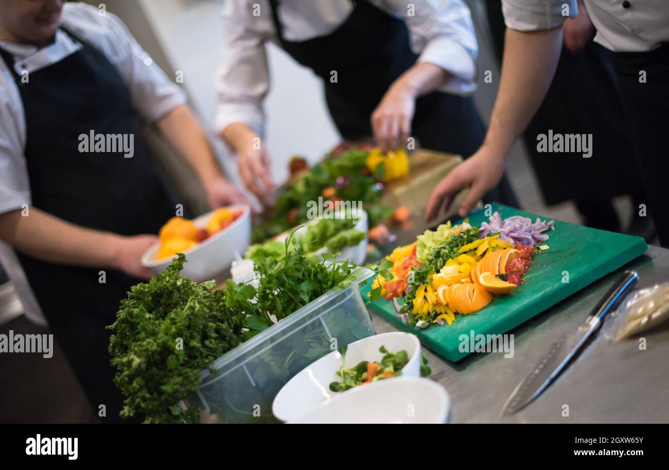 Professional team cooks and chefs preparing meals at busy hotel or ...