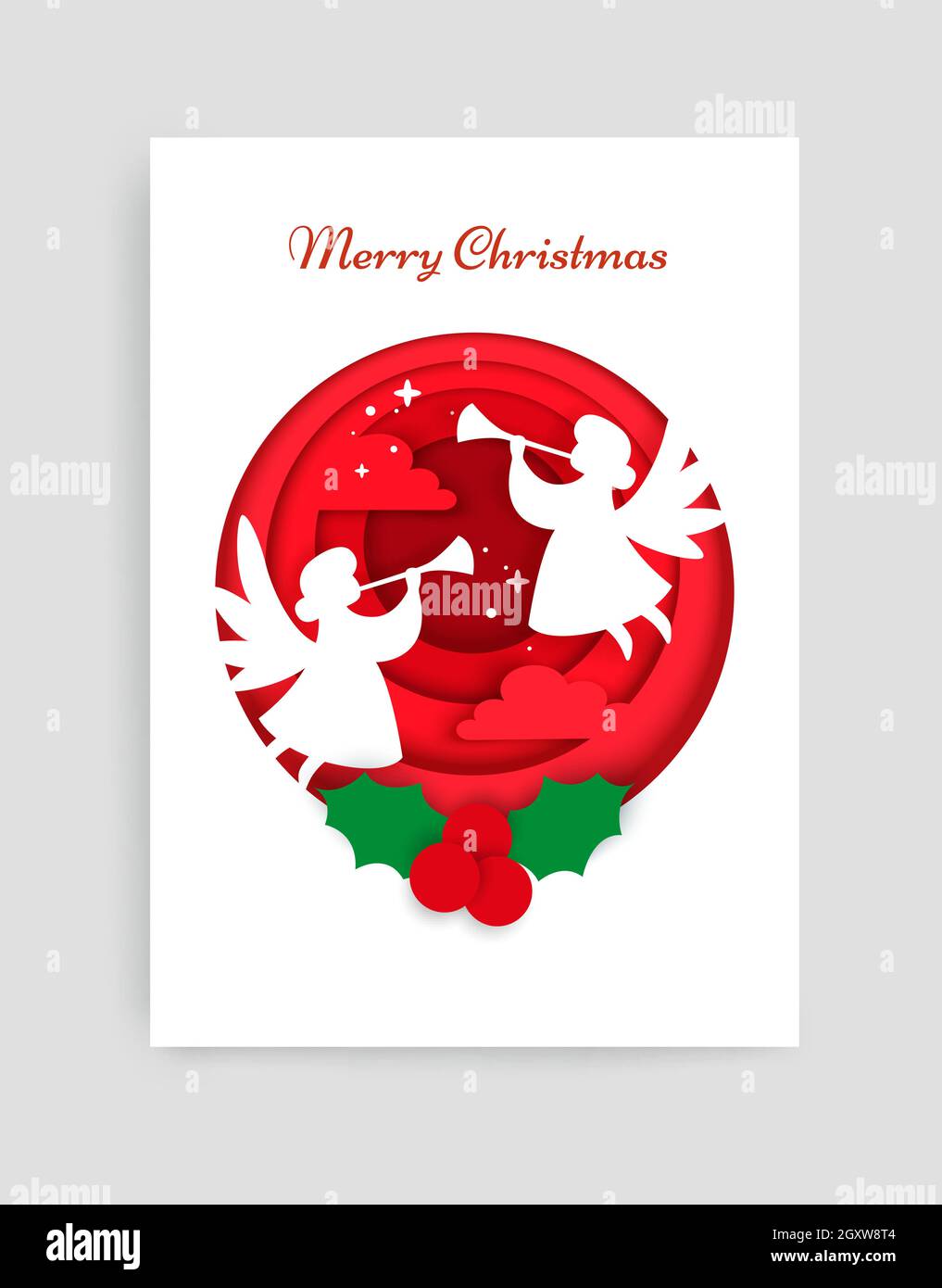 Merry Christmas card vector design template. Paper cut craft style winter composition of white angel silhouettes and holly berries in circle. Stock Vector