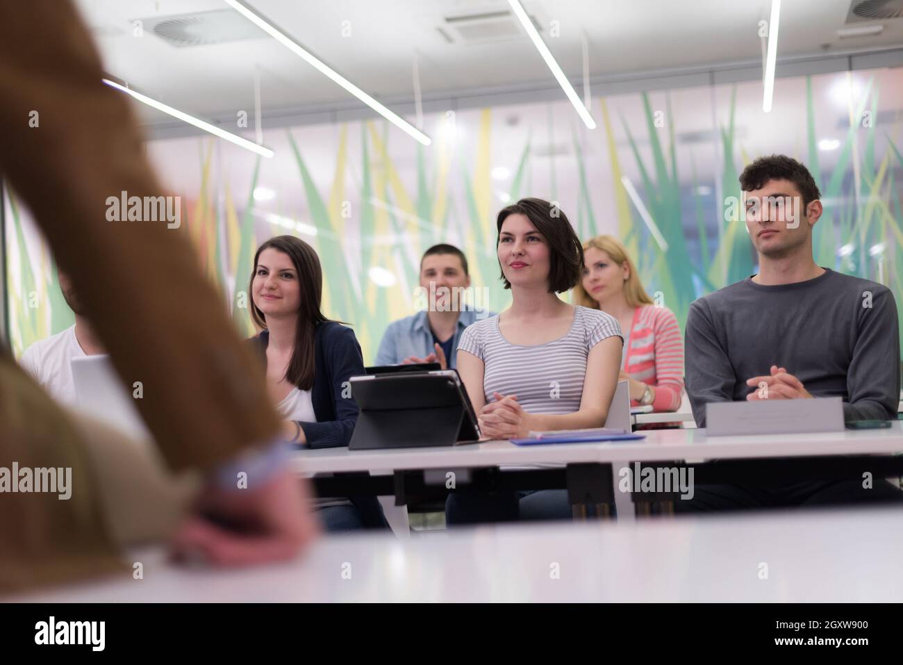group of students study with professor in modern school classroom Stock ...
