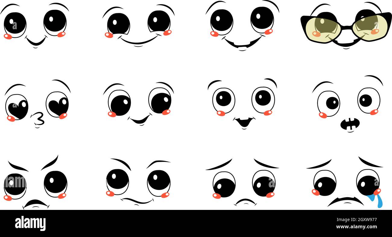 Set of faces with different emotions. Joyful and sad smiles, tears and happiness, angry, suspicious or frowning eyes. Stock Vector