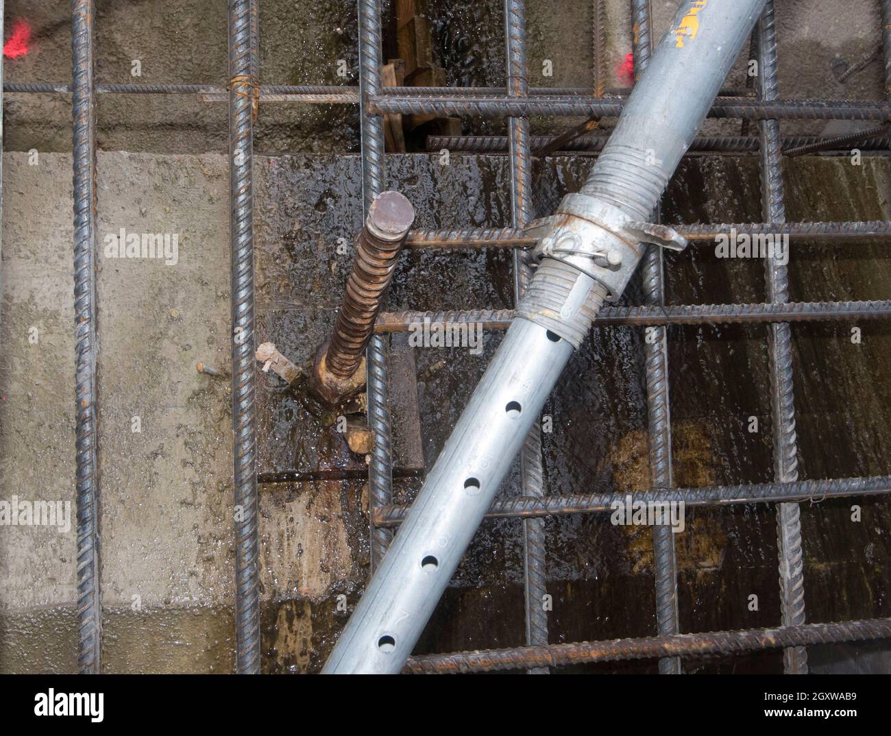 a water leakage in hydraulic engineering at the construction site Stock