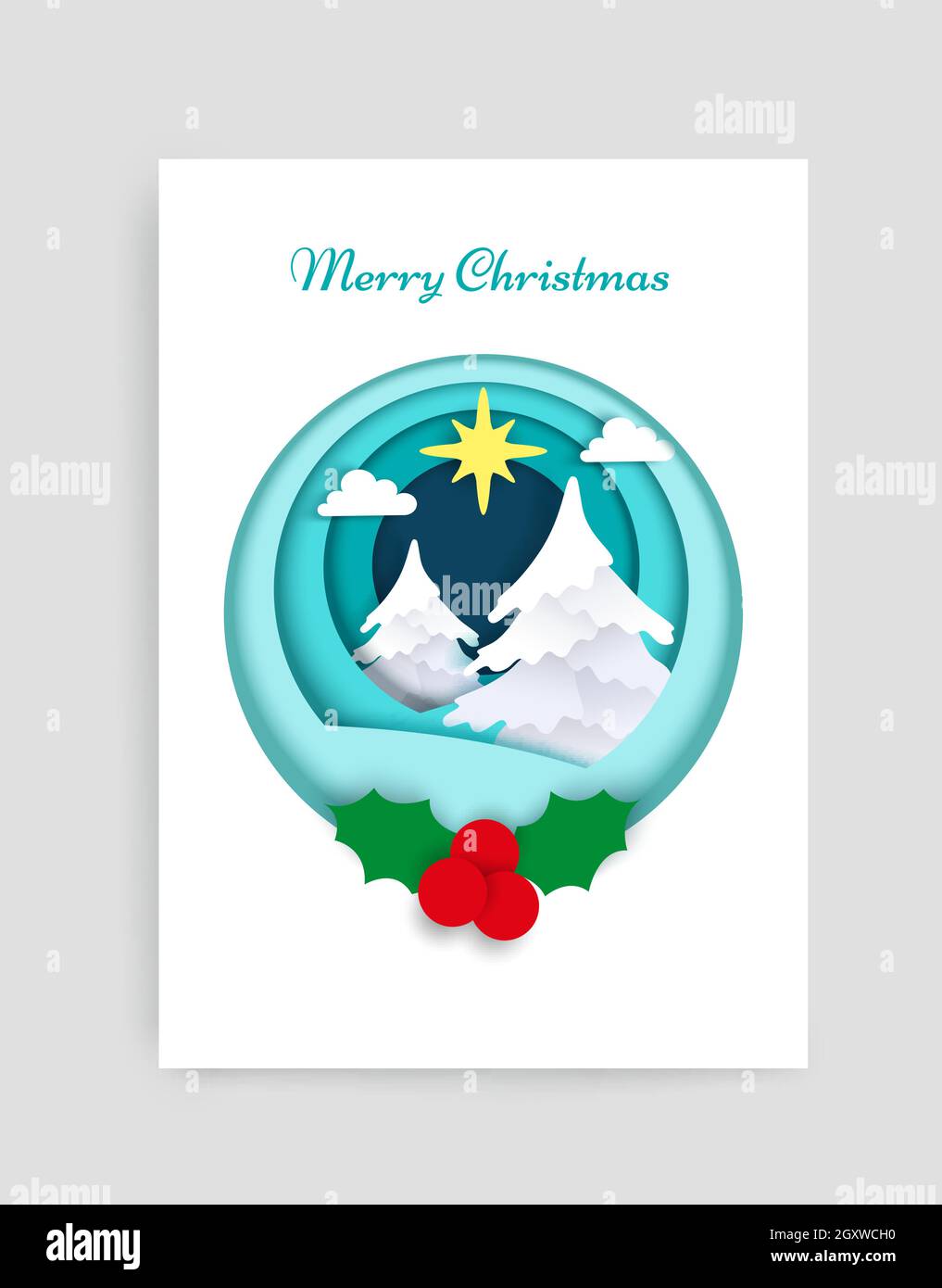 Merry Christmas card vector design template. Paper cut craft style white snowy Christmas trees, holly berries in circle. Stock Vector