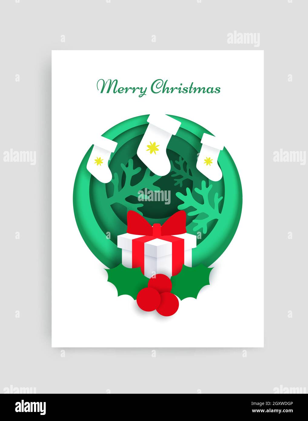 Merry Christmas card vector design template. Paper cut craft style Christmas socks, gift box, holly berries in circle. Stock Vector
