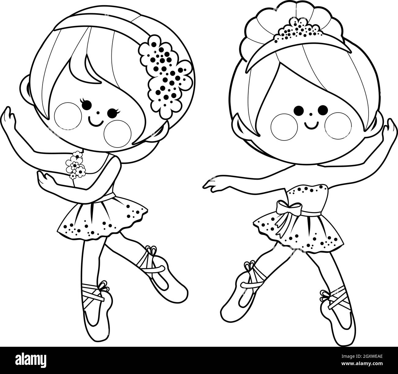Little ballerinas dancing. Vector black and white coloring page Stock ...