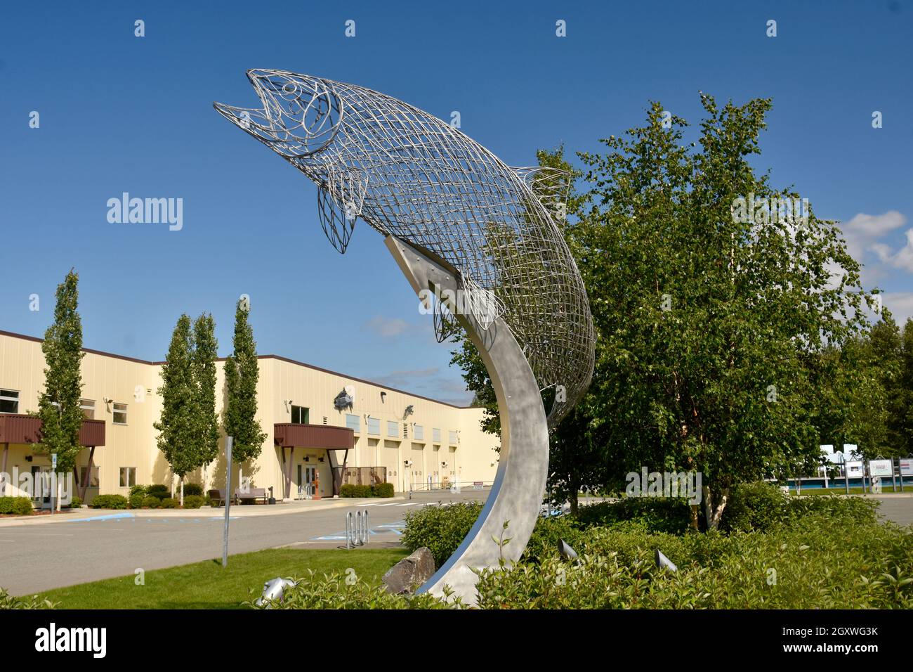 Salmon sculpture in metal at the William Jack Hernandez Sport Fish Hatchery, Anchorage, Alaska, USA Stock Photo
