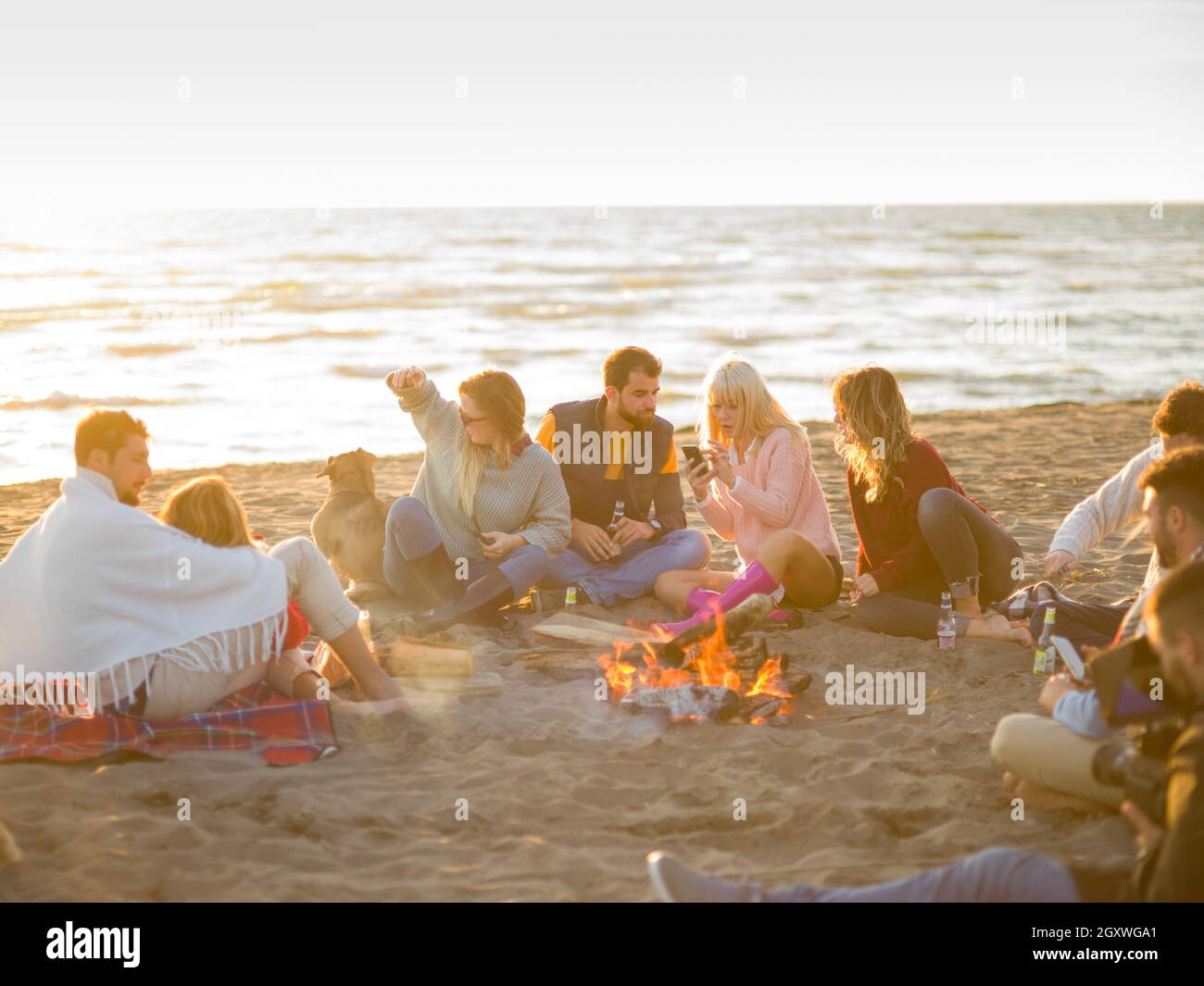 Fun Begins Happy Carefree Young Friends Having Fun And Drinking Beer By Bonefire ...