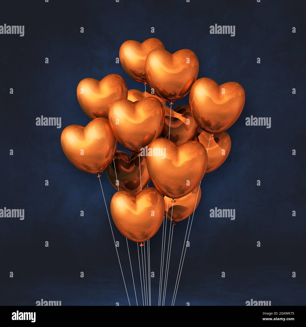 Copper heart shape balloons bunch on a black wall background. 3D ...