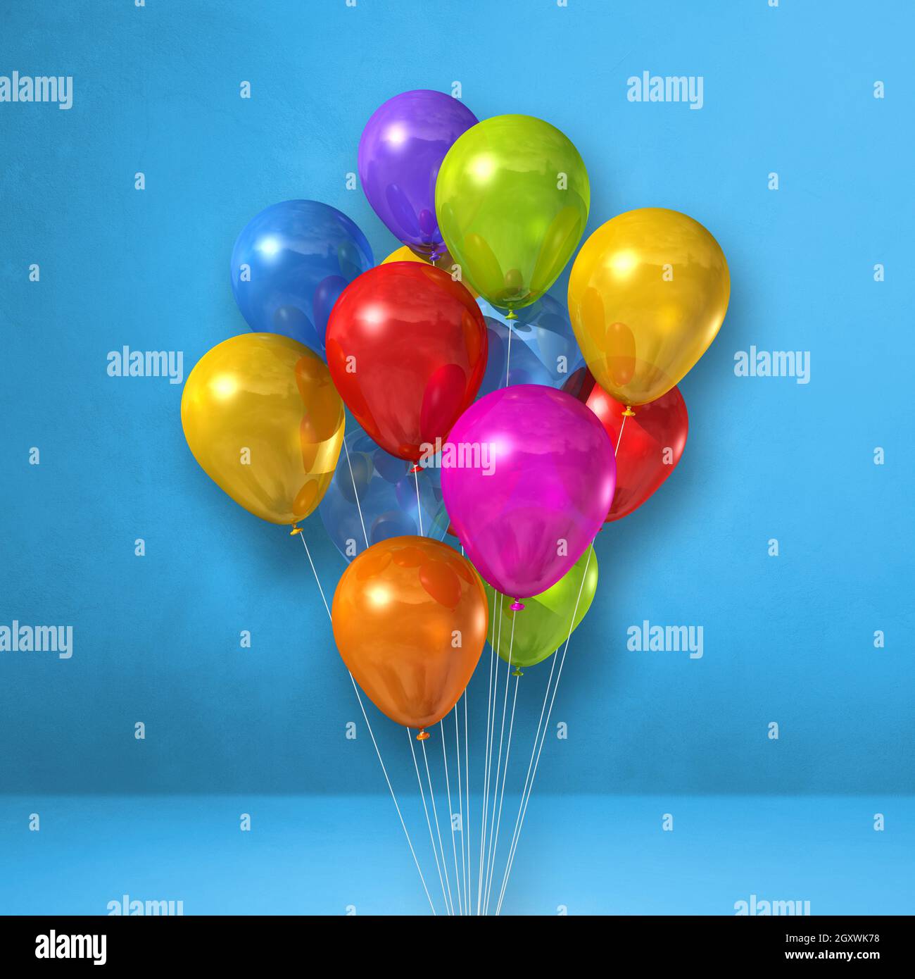 Colorful balloons bunch on a blue wall background. 3D illustration ...