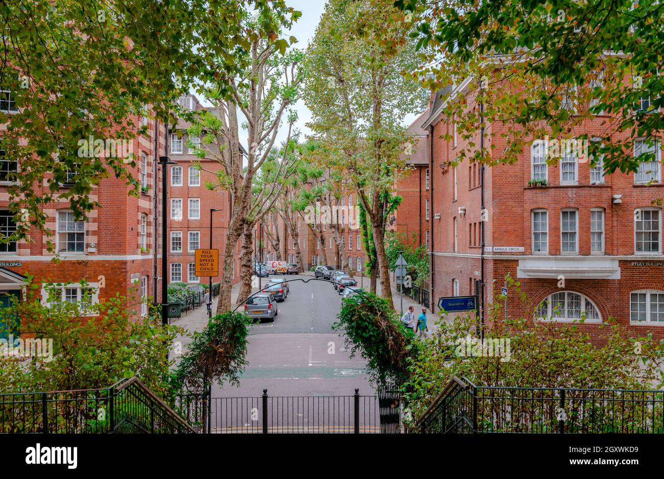 View of Camlet street, in Arnold Circus, Weavers, East London. Photo taken from Boundary Gardens. Stock Photo