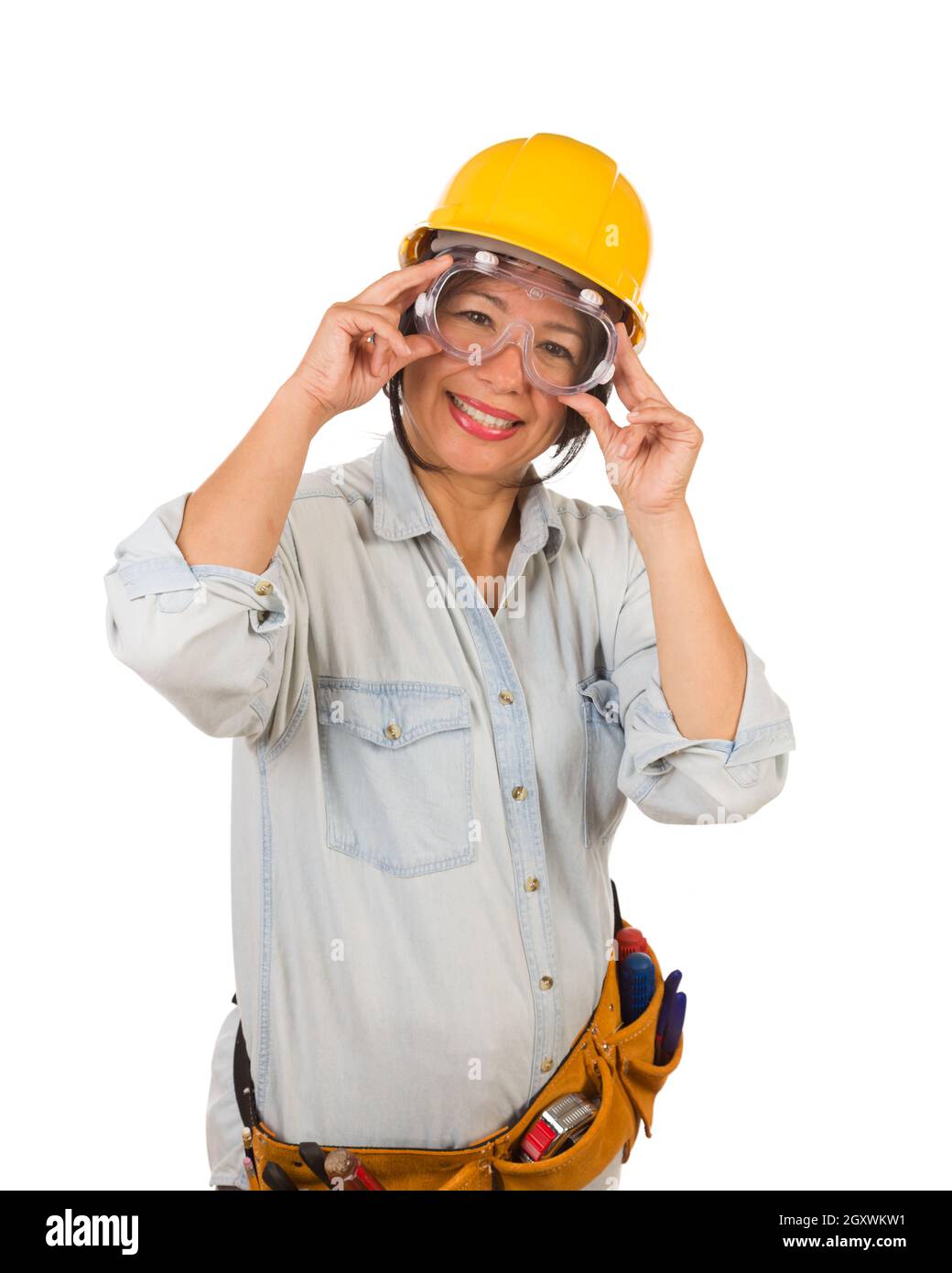 Hispanic Female Contractor Wearing Goggles, Hard Hat and Goggles