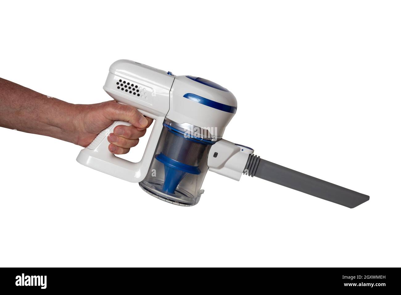 Vacuum cleaner isolated. The male hand holds hold a modern cordless