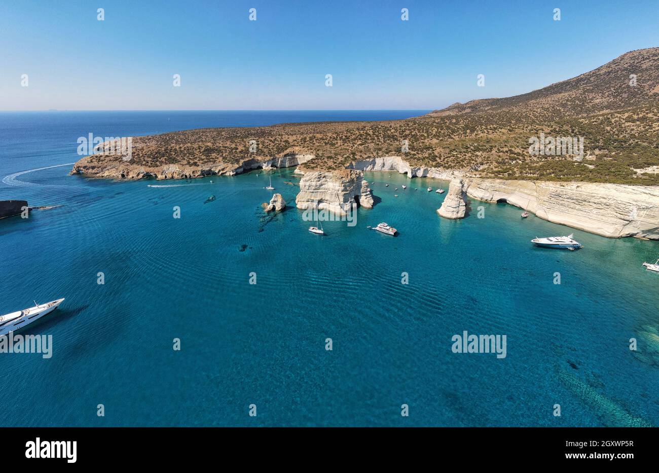 Panorama of Kleftiko bay, at Milos siland, Greece Stock Photo