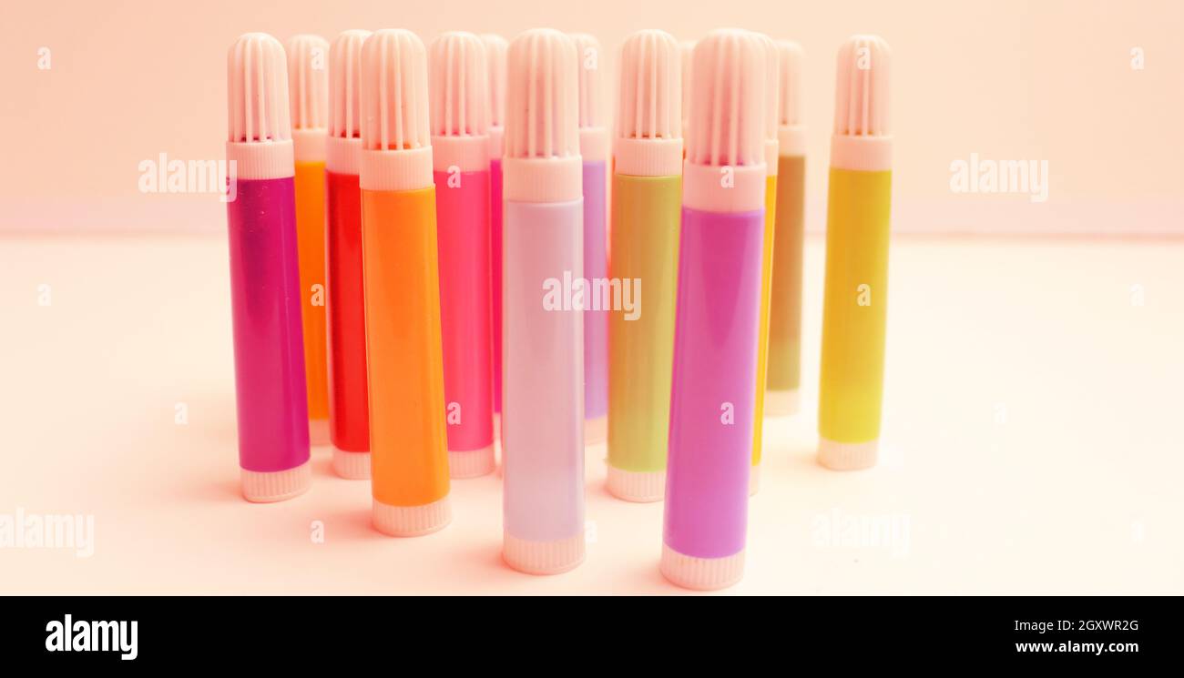 Beautiful school background with felt-tip on white. Marker for painting Stock Photo