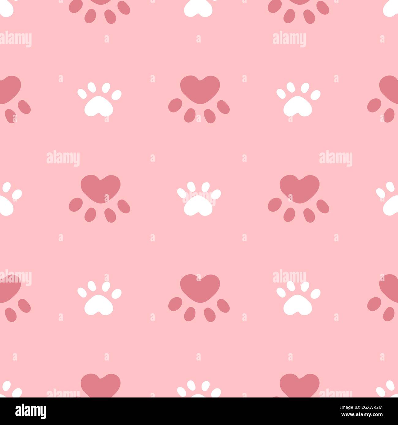 Pink and white cat or dog seamless pattern. Meow and cat paws background vector illustration. Cute cartoon pastel character for nursery girl baby print. Stock Vector