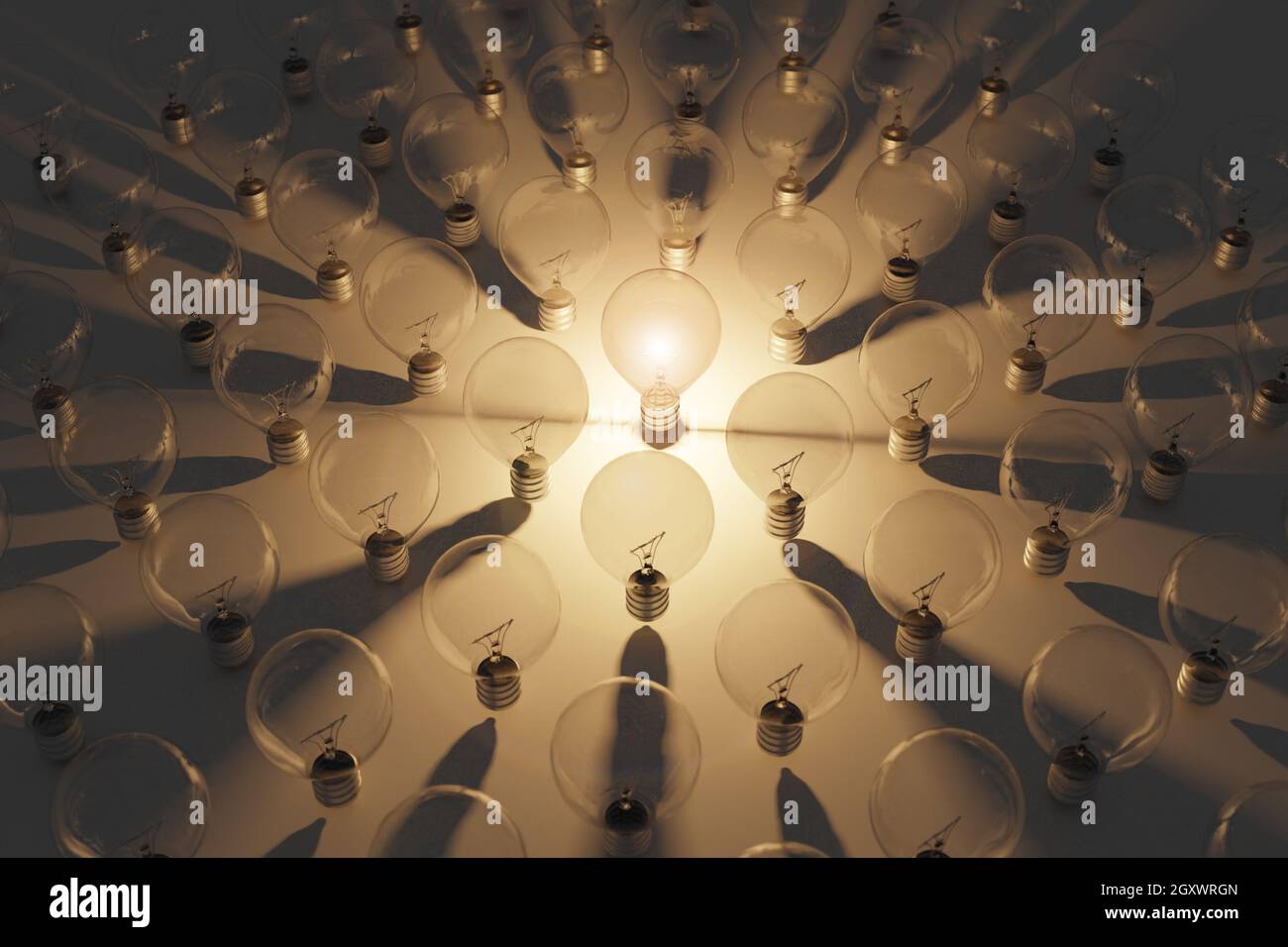 Extinguished Lamp Idea, leader and stand out person concept. Alone light bulb emitting ...
