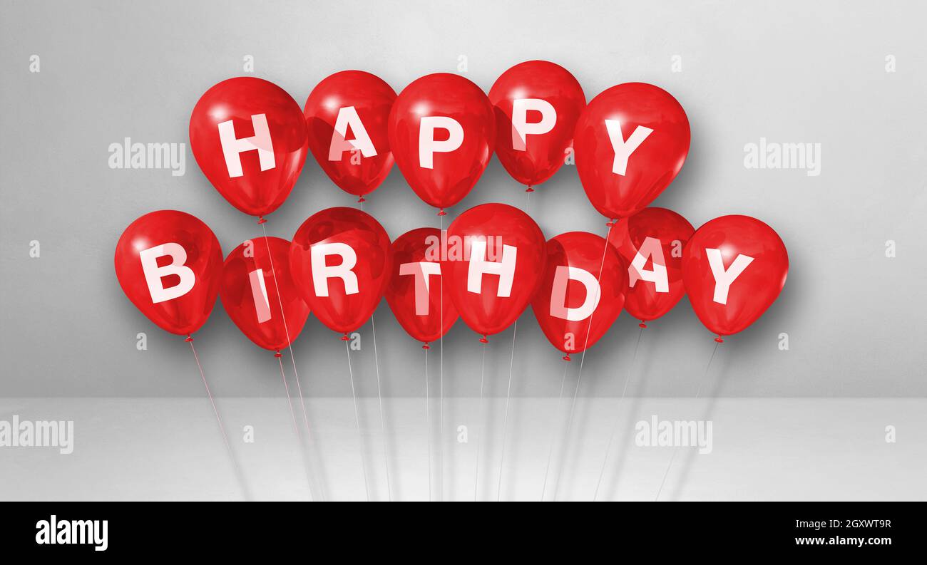 Red happy birthday air balloons on a white background scene. Horizontal ...
