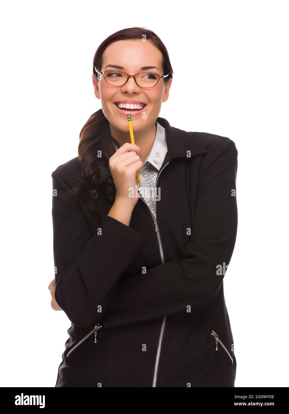 Mixed Race Businesswoman Holding Pencil Looking To The Side Isolated on a White Background. Stock Photo