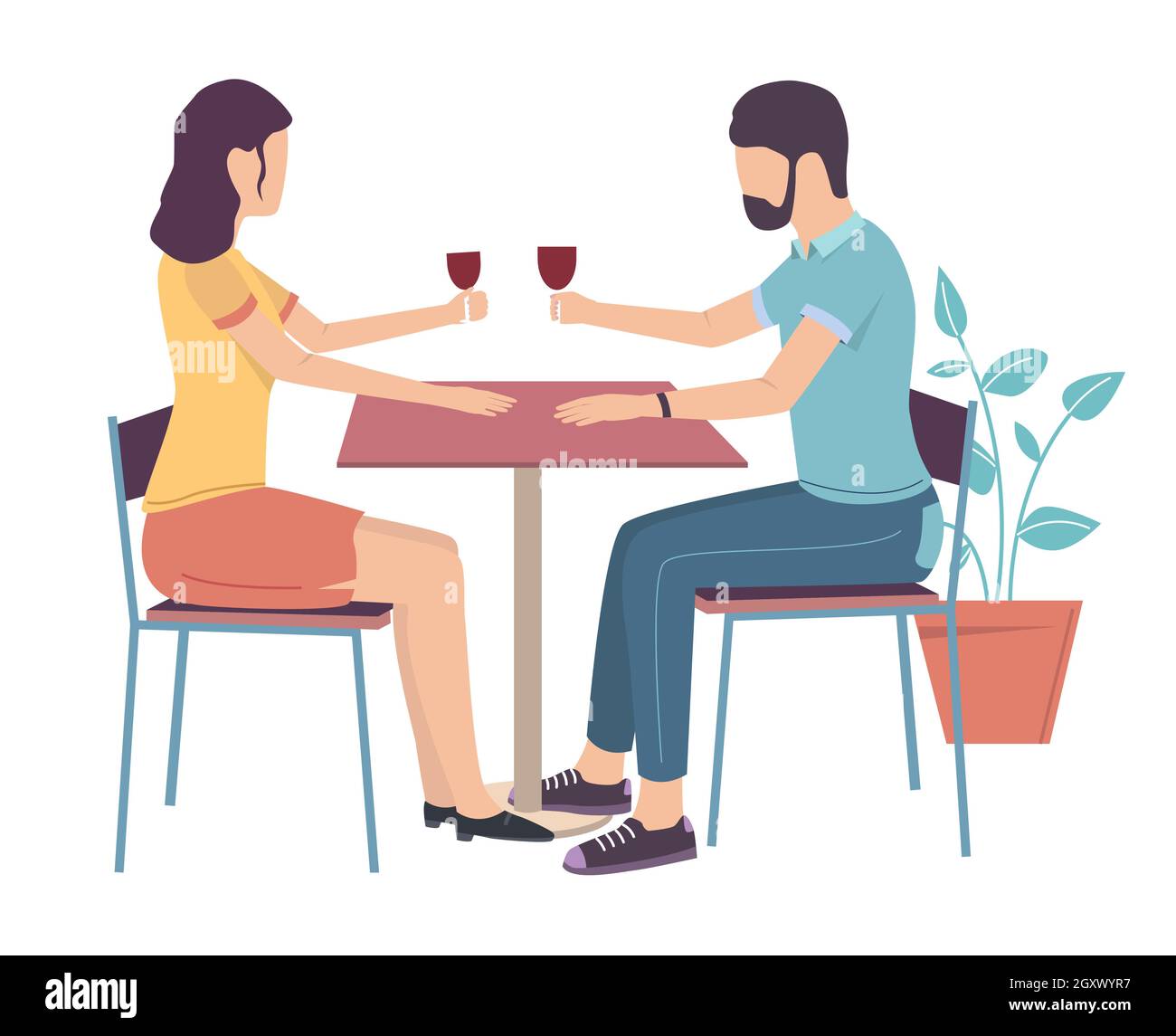 Happy couple in love drinking wine sitting at restaurant table, flat vector illustration. Romantic date. Stock Vector