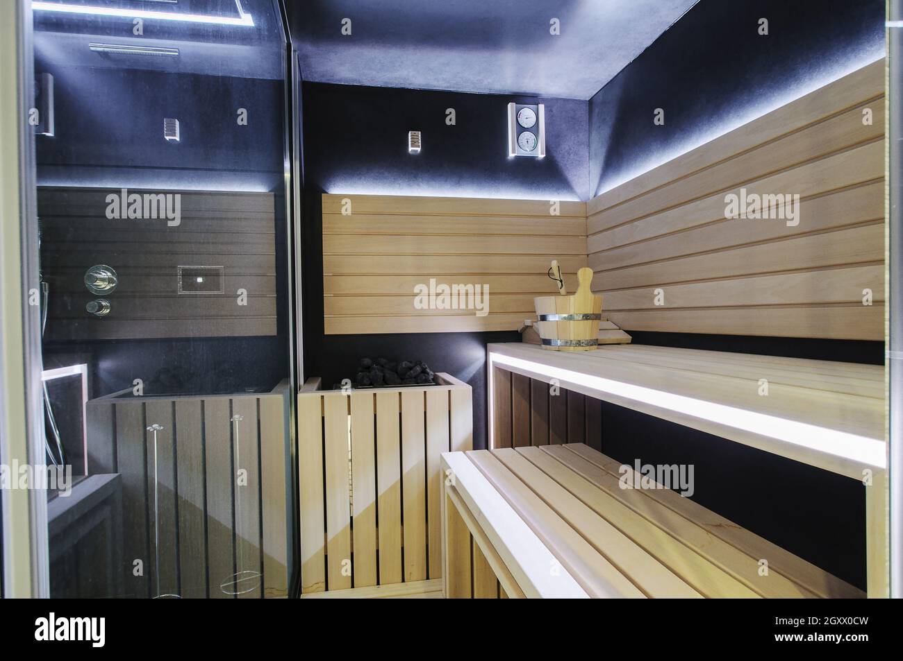 Picture of Modern Finnish sauna with neon lights. Beautiful interior home finnish ...