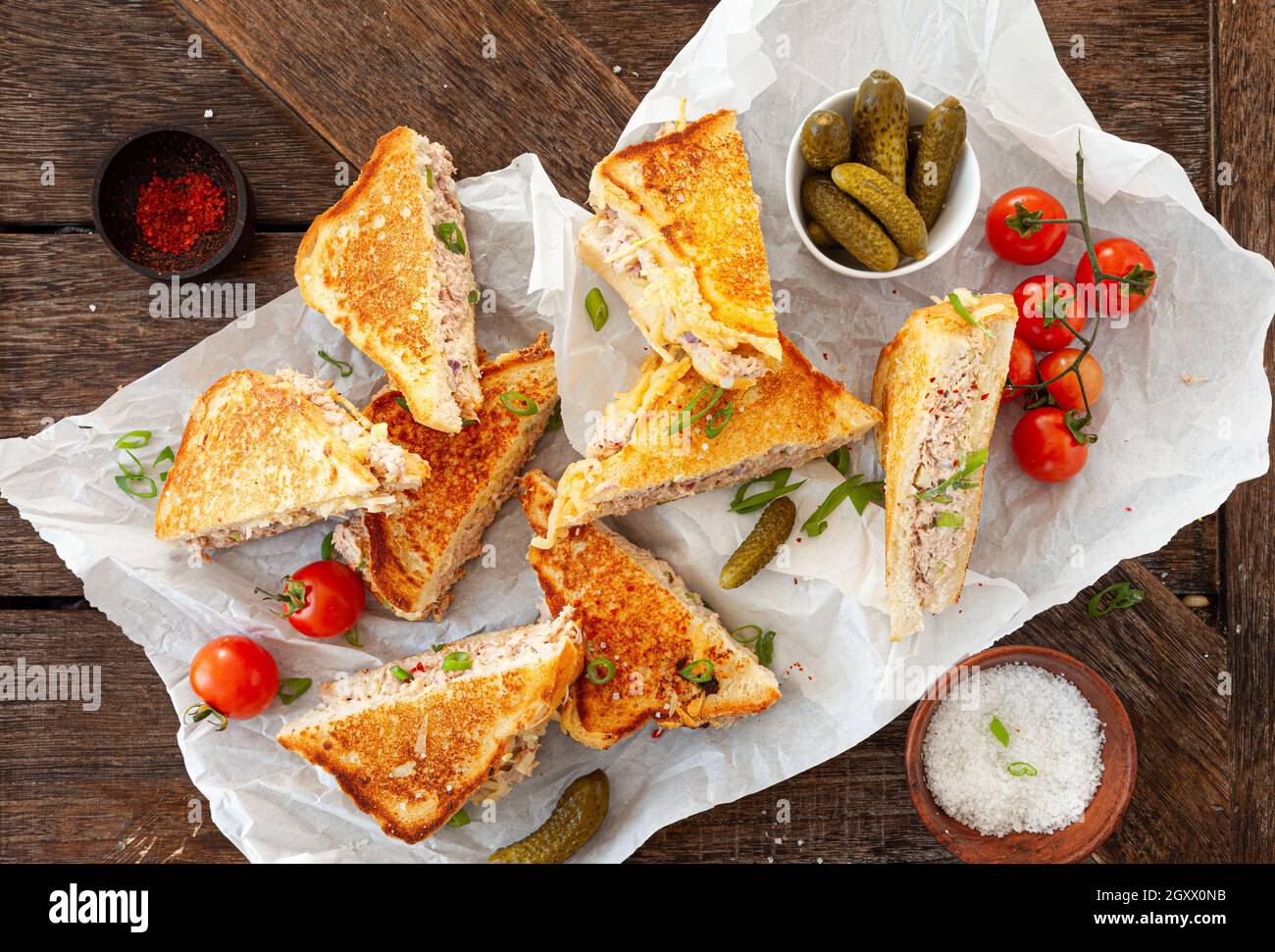 Grilled sandwich with tuna and melted cheese Stock Photo