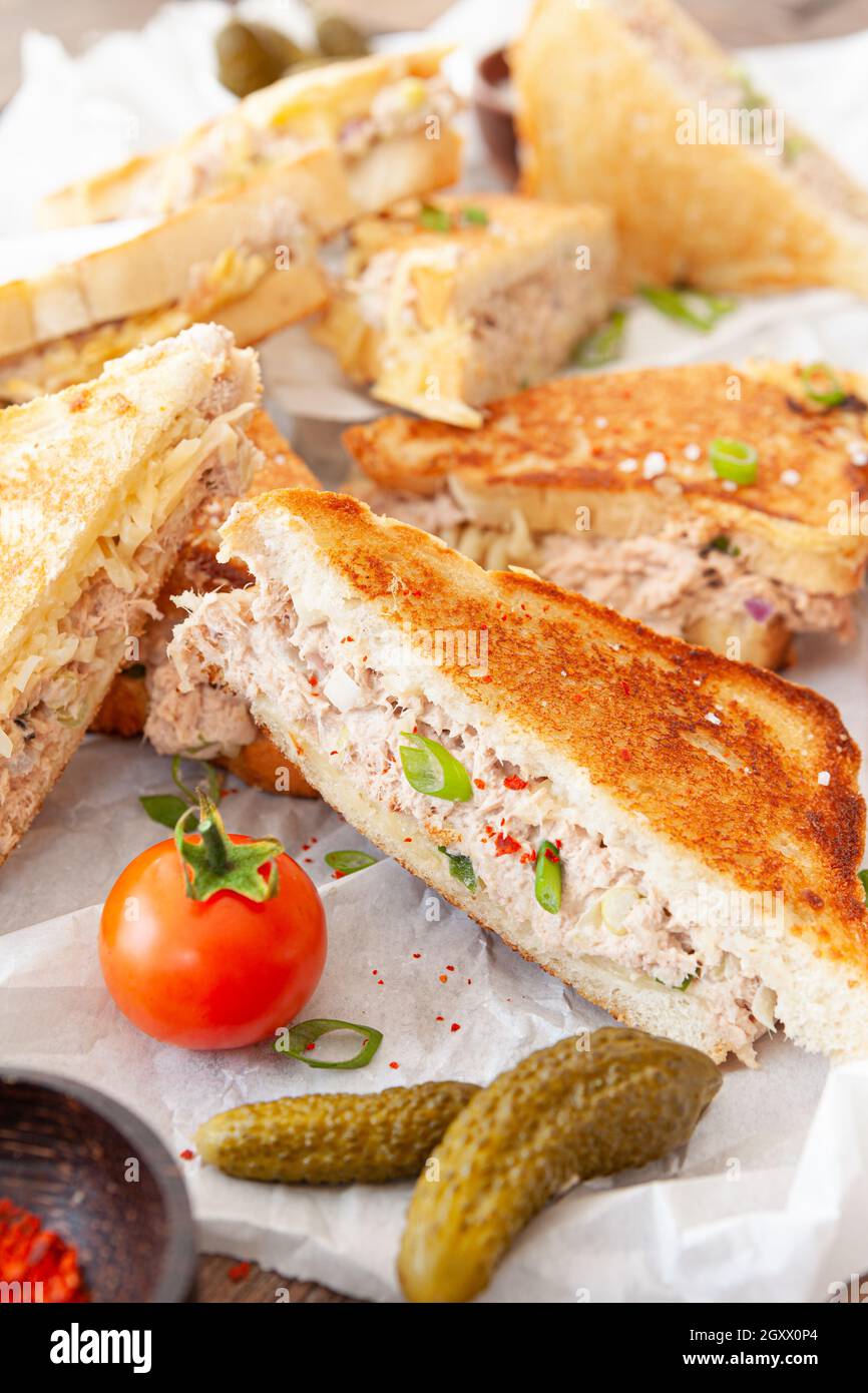Grilled sandwich with tuna and melted cheese Stock Photo