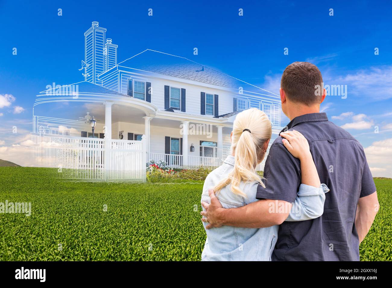 Couple Facing Ghosted House Drawing and Photo Over Green Landscape. Stock Photo