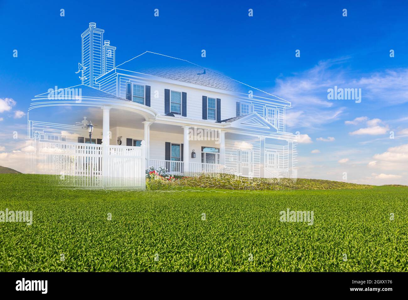 Beautiful Custom House Drawing and Ghosted House Above Green Landscape. Stock Photo