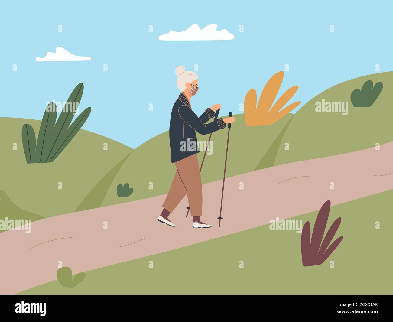 Elderly woman is engaged in Nordic walking with sticks on path in the fall park. Old woman walk on foot in the open air adhering to healthy lifestyle Stock Vector