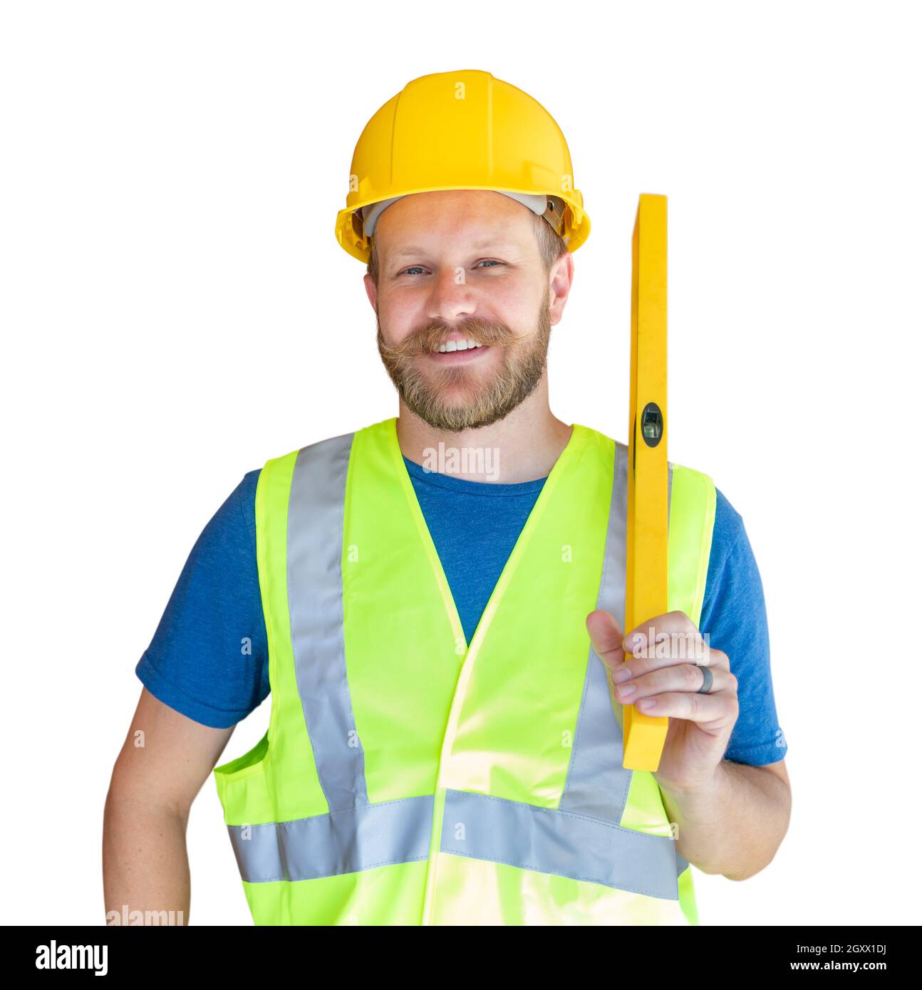 Caucasian Male Contractor With Hard Hat, Level and Safety Vest Isolated