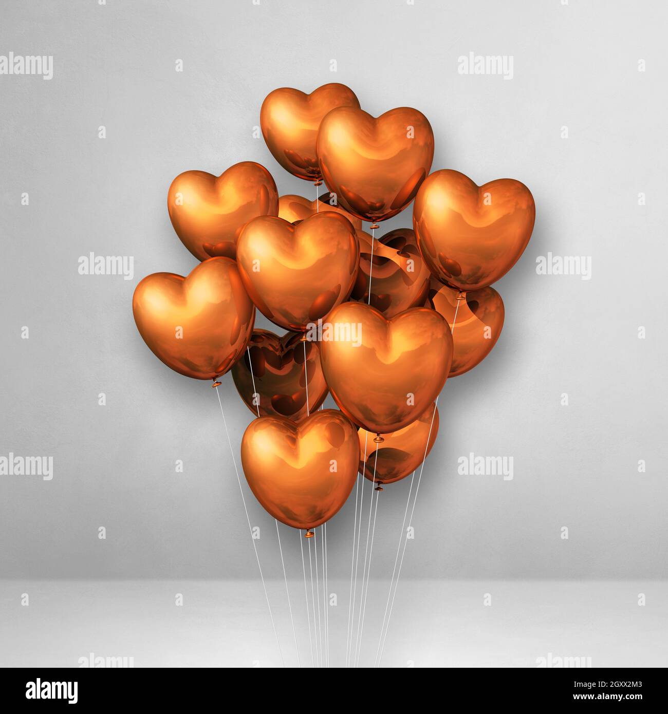 Copper heart shape balloons bunch on a white wall background. 3D ...