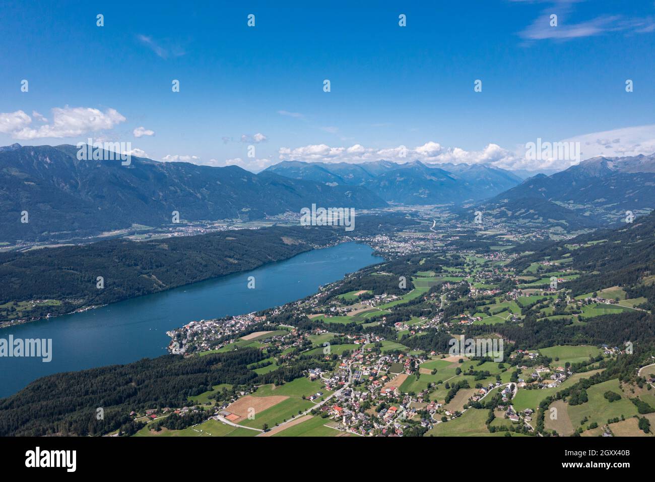 Lake Millstatt in Carinthia. Panorama of the famous lake in the Drautal in Austria. Scenic landscape in the southern part of the country. Stock Photo