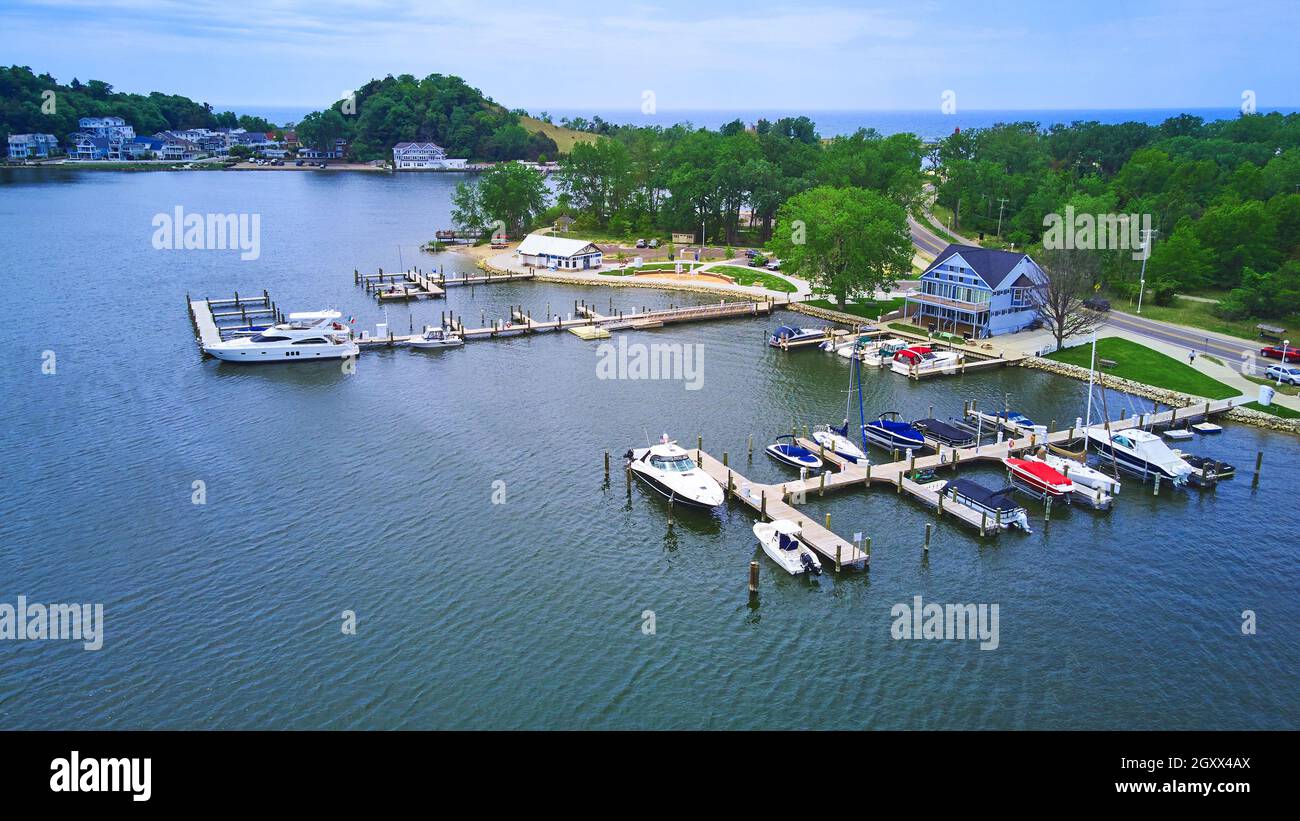 Aerial of lake with dock and boats Stock Photo - Alamy