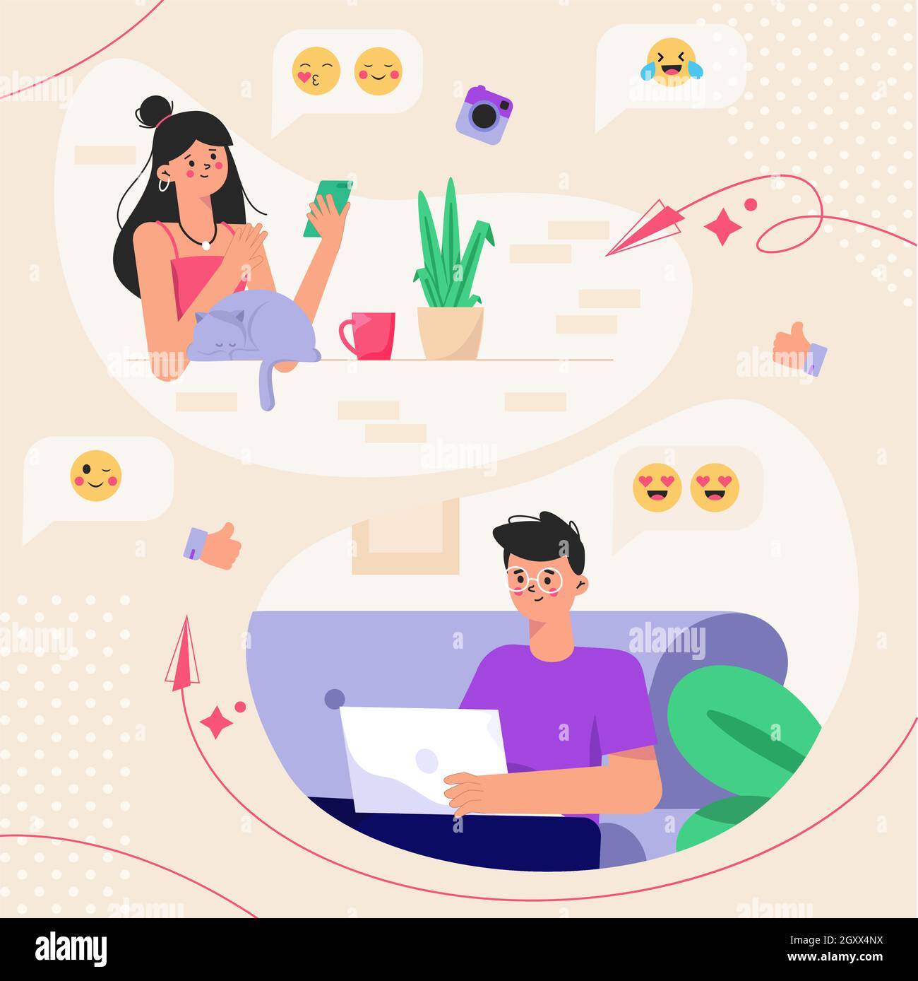 Partners chatting long distance relationshop Vector illustration. Stock Vector