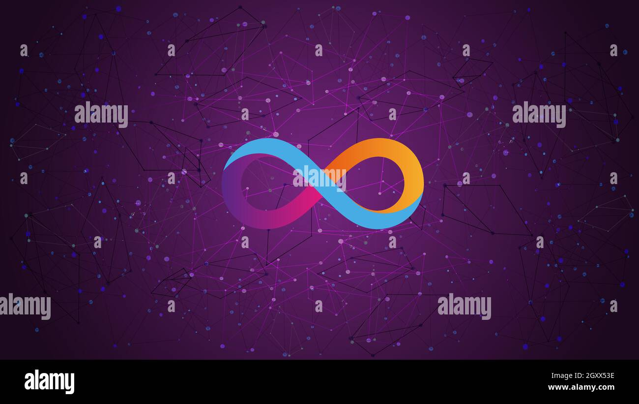 Dfinity Internet Computer ICP token symbol cryptocurrency theme on purple polygonal background. Cryptocurrency logo icon. Vector illustration. Stock Vector