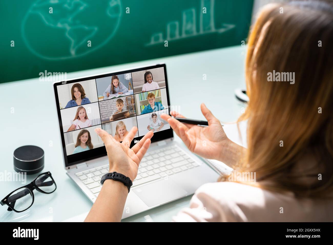 Teacher Online Meeting With Children. Teaching Class Stock Photo