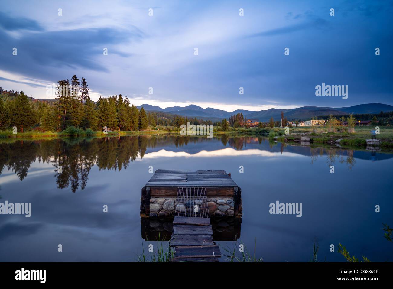 Jetty in an alpine lake, Winter Park, Grand County, Colorado, USA Stock Photo