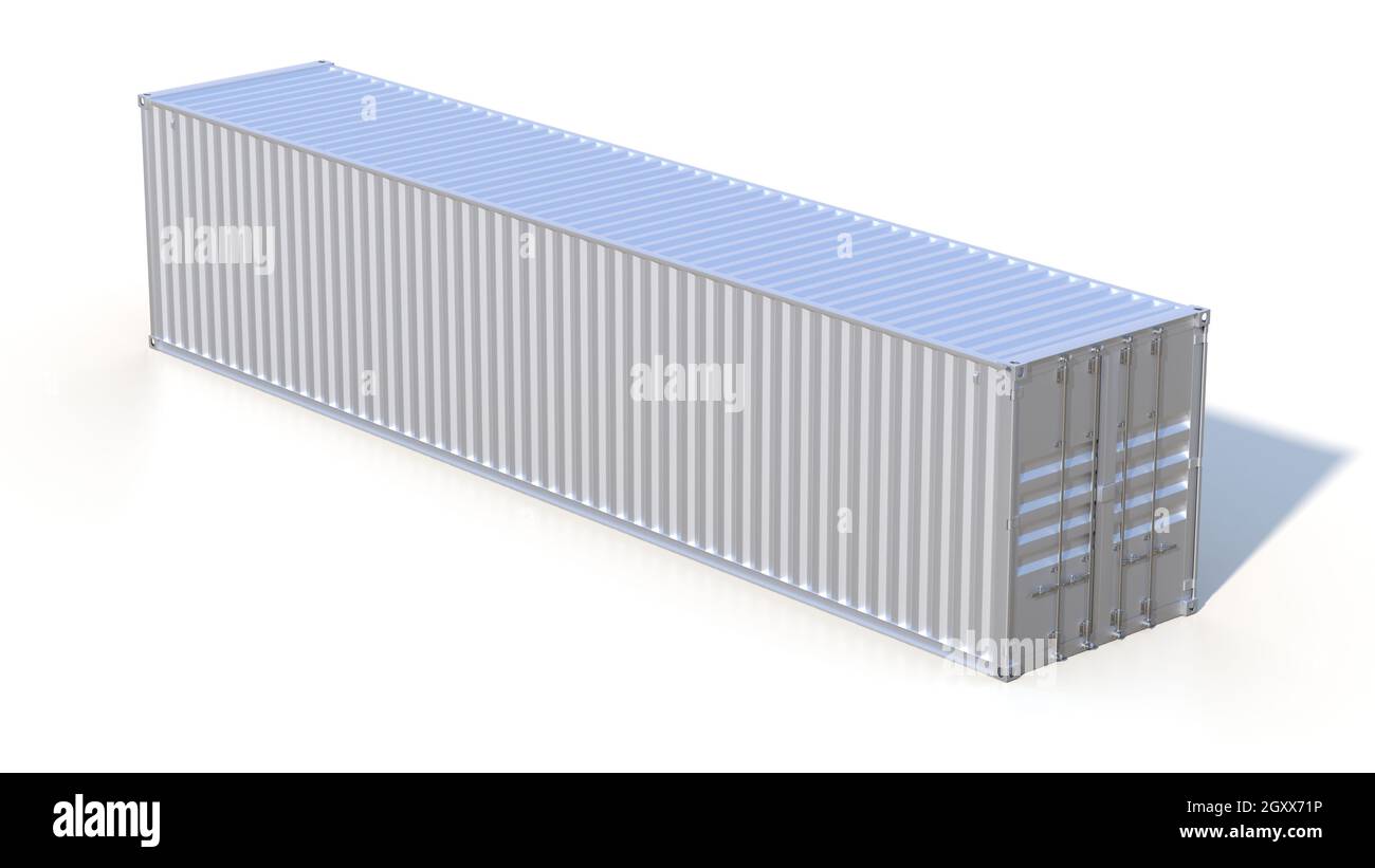 Ship cargo container 40 feet length. Grey metallic freight box with shadow isolated on white background. Marine olgistics, harbor warehouse, customs, Stock Photo