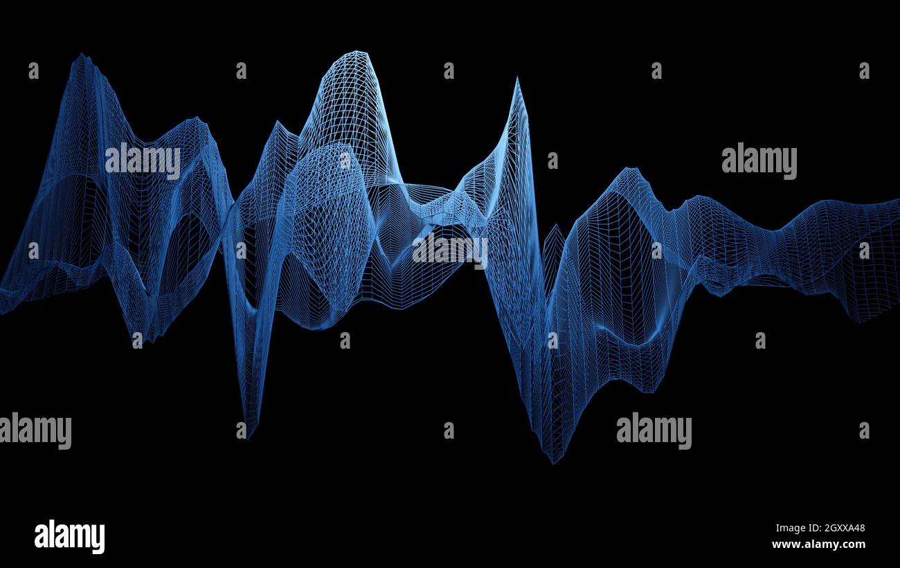 Blue 3D wireframe wave structure, abstract visualization of audio sound waves against black background, format 16:9 4K UHD Stock Photo