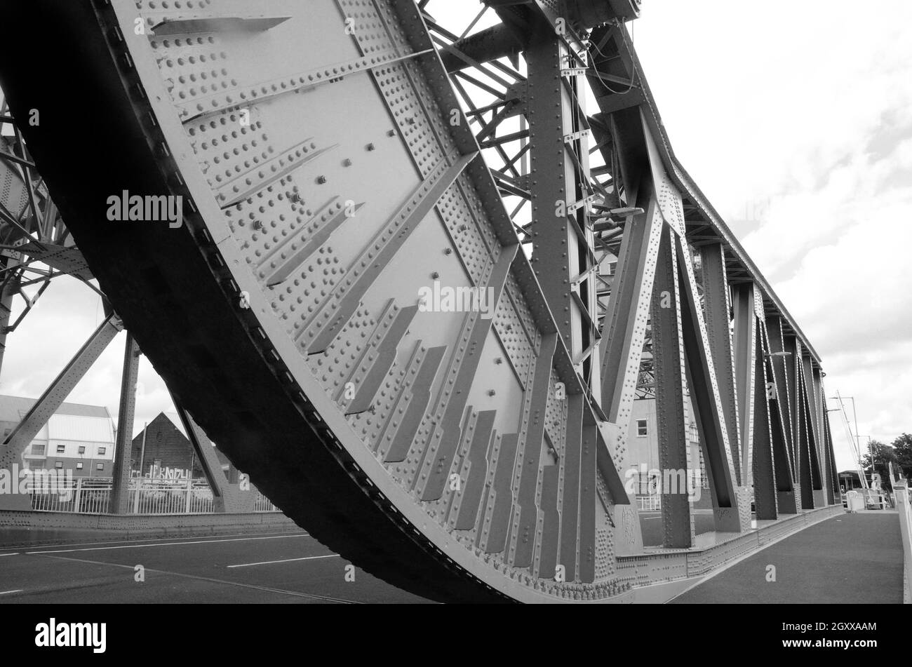 mid century brutalist industrial architecture, Scherzer Rolling Bascule Bridge Stock Photo