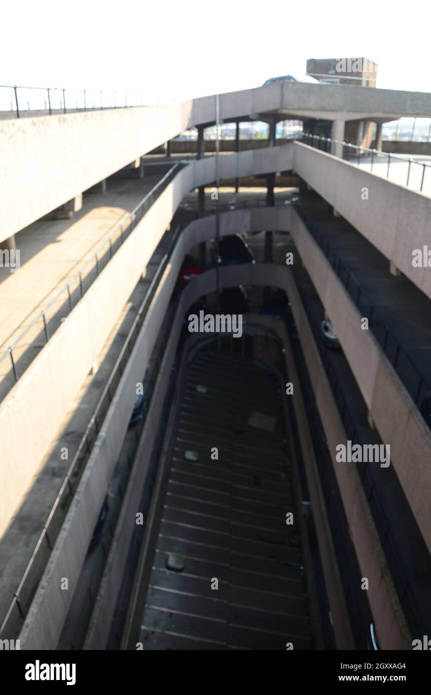 mid century brutalist design, street car park, 1960s brutalist