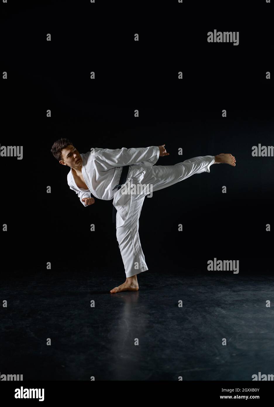 Male karateka, fighter in a combat stance, dark background. Man on karate workout, martial arts