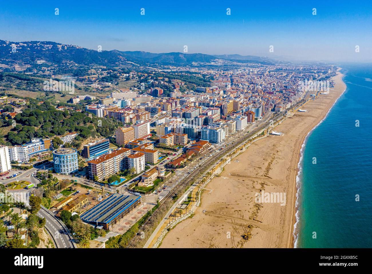 Drone picture over the Costa Brava coastal, small village Calella, Barcelona  Spain Stock Photo