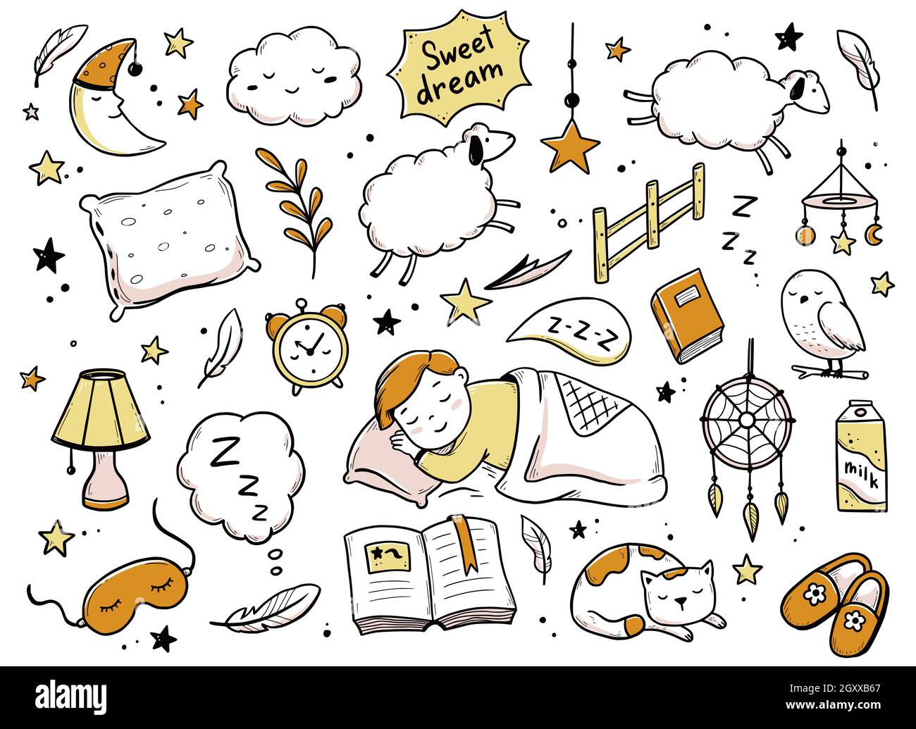 Sleep, relax time, dream night doodle set. Concept comfort night sleep  time. Hand drawn sketch style. Moon, cat, star, lamp element. Vector  illustration on white background Stock Vector Image & Art -